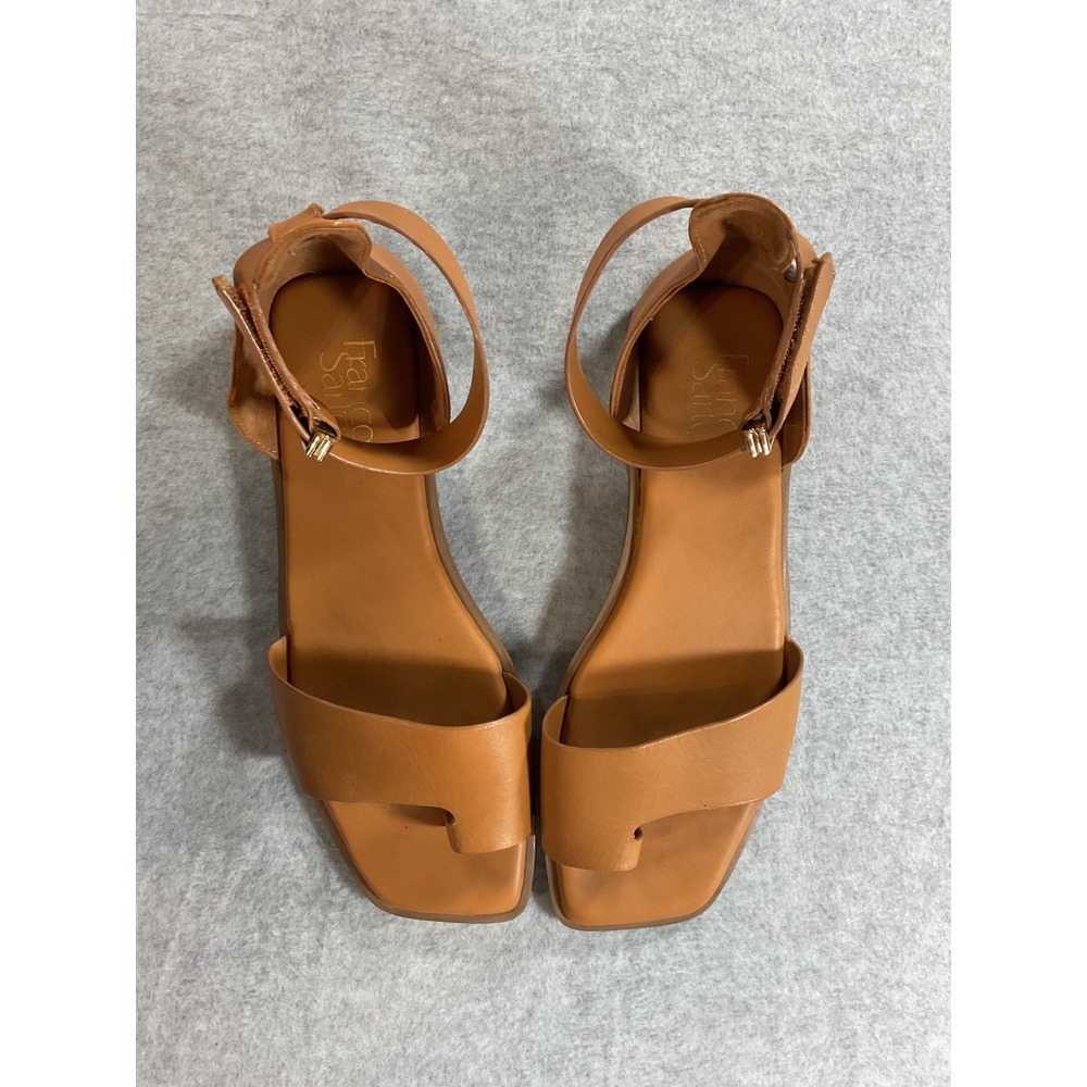 Franco Sarto Miras Cognac Leather Square Toe Ankle Strap Flat Sandals Womens 10m